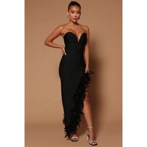 NovaLuxe Jacqueline Bandage Asymmetric Feather Lined Maxi Dress Black Medium